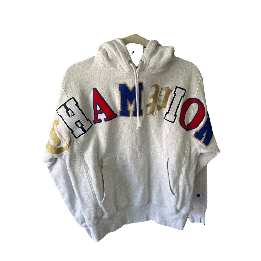 Champion Reverse Weave Hoodie Sweatshirt Gray With Large Logo Letters Men Small